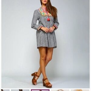 Velzera Black and White Striped Dress with Red Floral Accents